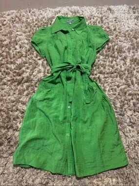 NY Collection Green Button-Front Tie-Waist Midi Dress